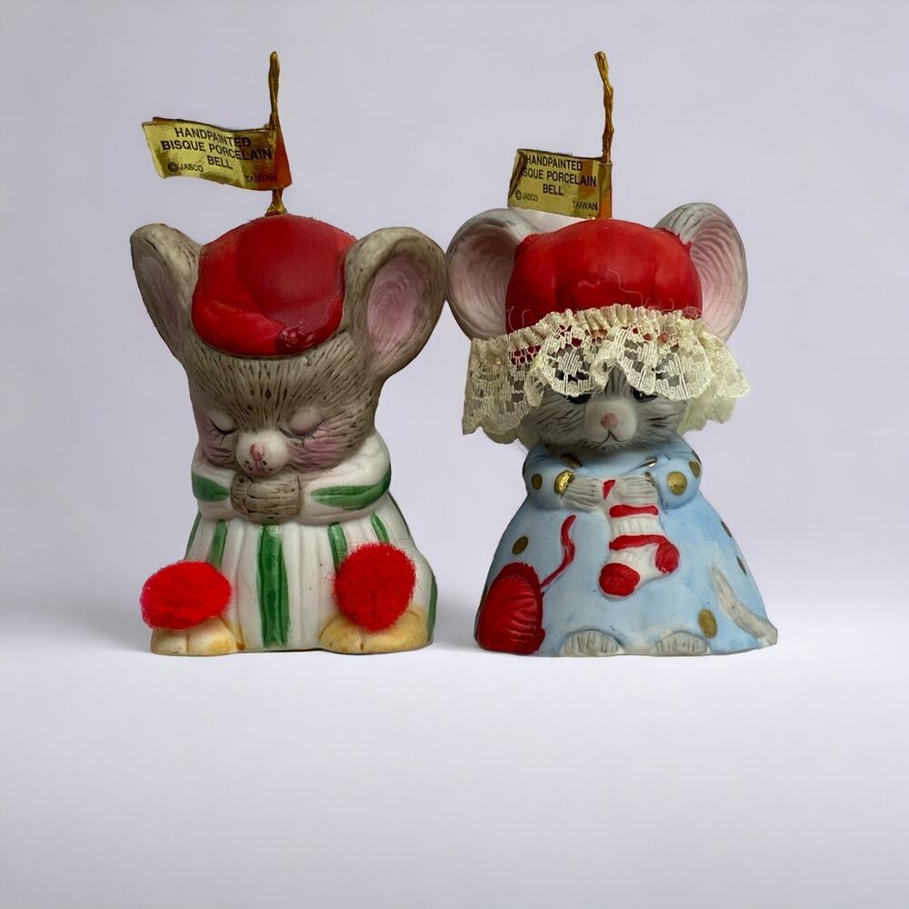 2 Lil Chimers Mice Mouse Bells Ornaments Vintage Shelf Sitters Christmas Decor